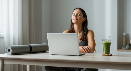 Fototapeta premium Busy remote working woman practicing relaxation at home workspace, wellness focused work balance, healthy lifestyle routine, modern professional environment with calm atmosphere