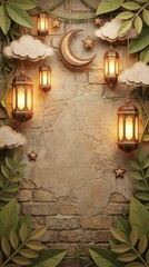 A beautifully crafted background featuring warm, glowing lanterns suspended against a rustic, textured stone and plaster wall. Elegant paper-cut style green leaves and vines gracefully frame the compo