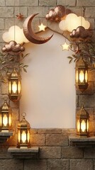A beautifully illuminated decorative arch provides elegant copy space, framed by rustic stone walls. Warm light emanates from ornate lanterns positioned on ledges, casting a serene glow. Overhead, del