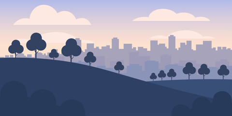 Hill and city silhouette illustration. Sloping foreground hill with sparse trees. Distant skyline beyond. Wide pastel sky with soft clouds. Quiet contemplative landscape scene. © Moch