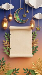 A beautifully rendered 3D illustration features an open scroll providing ample copy space, perfect for custom text or announcements. It is elegantly framed by glowing traditional lanterns, a richly te