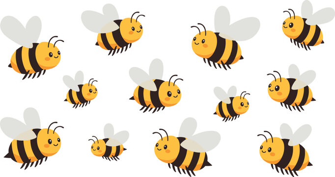 Cute Flying Honey Bee Cartoon Vector Set with Smiling Expressions and Multiple Poses for Nature Designs, Kids Illustrations, Beekeeping Projects, and Spring Graphics