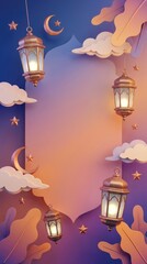 A beautifully rendered 3D illustration features elegant golden lanterns casting a warm, inviting glow, perfectly framing a central area for text. Delicate celestial elements like crescent moons and st