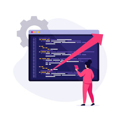 Woman standing in front of large computer screen with coding and pink arrow pointing up