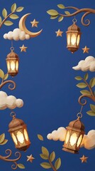 A beautifully rendered digital illustration features a festive frame composed of traditional glowing lanterns, golden stars, and a prominent crescent moon against a serene, deep blue background. Styli