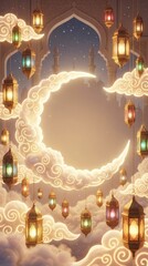 A beautifully rendered, dreamy night scene featuring numerous ornate, golden lanterns suspended gracefully against a backdrop of luminous, swirling clouds and a prominent crescent moon. The intricate 
