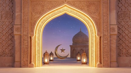 A beautifully rendered scene features an intricately carved stone archway, adorned with traditional patterns and golden accents, framing a serene twilight sky. Through the luminous portal, a majestic 