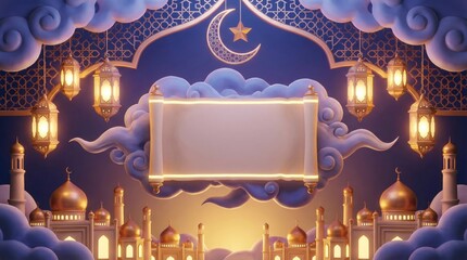 A beautifully rendered scene bathed in a soft, ethereal glow, featuring ornate golden lanterns suspended amidst whimsical clouds and intricate geometric patterns. A prominent blank scroll, glowing wit
