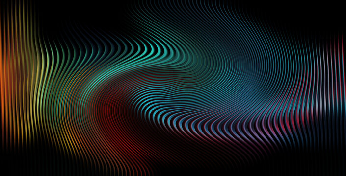 Abstract digital waveform swirl with vibrant colors and fine lines on black background