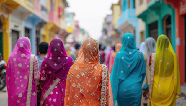 Vibrant Hues of Tradition: A group of women walk down a colorful street, their traditional attire a kaleidoscope of bright, intricate fabrics, capturing the spirit of cultural heritage.