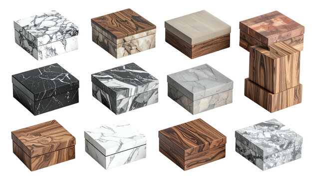 Twelve square boxes of various wood and marble textures arranged on a black background