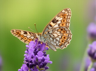 Fototapeta premium Vibrant butterfly perched on lavender in lush greenery