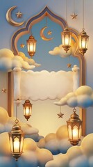 A captivating and serene celebratory background featuring a prominent, ornate golden archway framing a blank scroll, perfectly placed for customizable text or messages. Traditional, glowing lanterns h