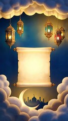 A captivating and serene background illustration featuring an unrolled, antique-style scroll, brightly illuminated at its center, ready for custom text or important messages. Ornate, traditional lante