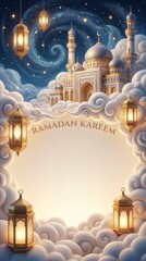 A captivating and serene digital illustration showcasing magnificent Islamic-inspired architecture, featuring gleaming golden domes and elegant towering minarets, set against a mystical deep blue nigh