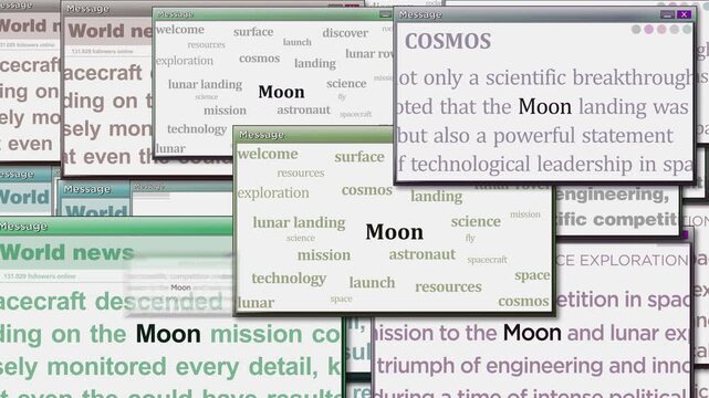 Moon landing and exploration pop up windows on computer screen. Abstract concept of news titles across media. Seamless and looped display.