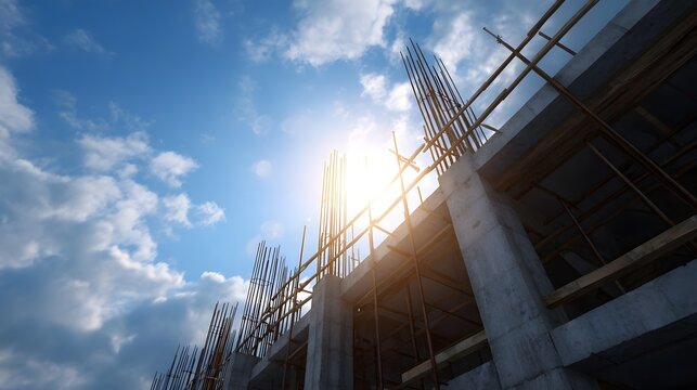 Sunlight illuminates a building under construction showcasing concrete structures steel rebar and scaffolding against a bright blue sky with clouds