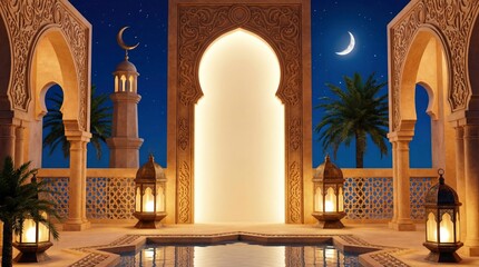 A captivating architectural scene unfolds under a star-dusted night sky, featuring elegant arches with intricate patterns and towering columns, all bathed in a warm, inviting glow. A serene reflecting