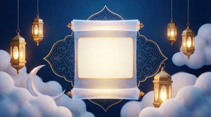 A captivating celestial scene showcasing a glowing blank scroll, perfect for custom text or greetings, framed by an elegant golden border against a rich indigo backdrop with intricate patterns. Four g