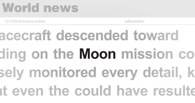 Moon landing and exploration headline news across international media. Abstract concept of internet news titles on screens loop. Seamless and looped animation.
