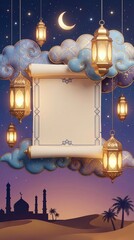 A captivating fantasy night scene featuring a prominent blank scroll, elegantly framed by glowing golden lanterns and stylized textured clouds with delicate gold patterns. Above, a radiant crescent mo