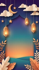 A captivating paper cut illustration depicts a serene evening or night scene with a striking blend of rich colors. A golden crescent moon and numerous twinkling stars hang amidst soft, layered clouds 