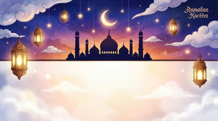 A captivating watercolor illustration portrays a vibrant night sky, blending deep blues and purples into a warm orange and yellow horizon. A luminous crescent moon and shimmering stars dot the celesti