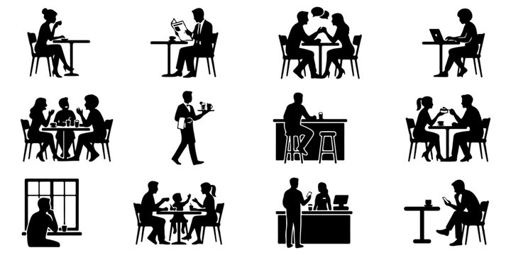 Cafe and restaurant people silhouettes set featuring customers drinking coffee, eating, working with laptop, and socializing isolated