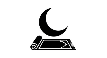 Islamic prayer mat with crescent moon symbol above minimalist black and white illustration simple design religious symbolism