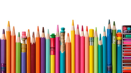 Colorful Pencils and Crayons Assortment, School Supplies, Isolated on Transparent Background