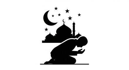 Silhouette of person praying in front of mosque with crescent moon and stars peaceful islamic night scene illustration