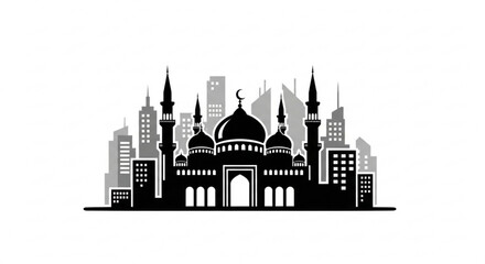 Obraz premium Islamic mosque with minarets and domes standing prominently among modern city buildings in a simple black silhouette illustration