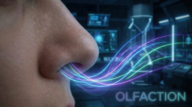 Nose with abstract waves for olfaction concept. Conceptual image depicting the sense of smell and olfaction.