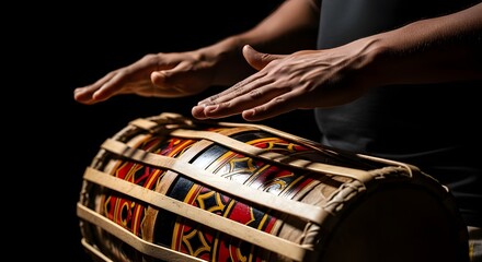 Macro Shot of Hands Playing a Traditional Sri Lankan Yak Bere Drum in Cinematic Light