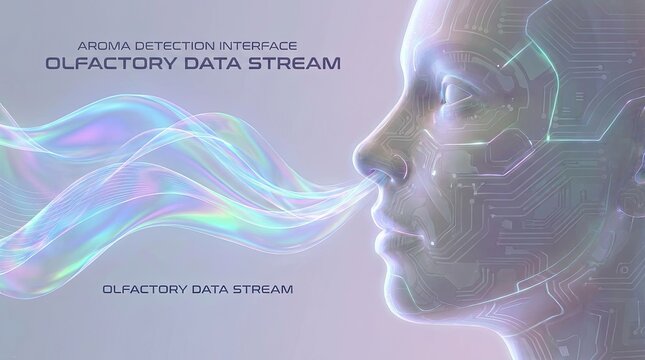 Nose with abstract waves for olfaction concept. Futuristic interface for aroma detection and olfactory data streams.