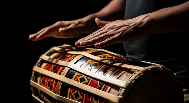 Macro Shot of Hands Playing a Traditional Sri Lankan Yak Bere Drum in Cinematic Light