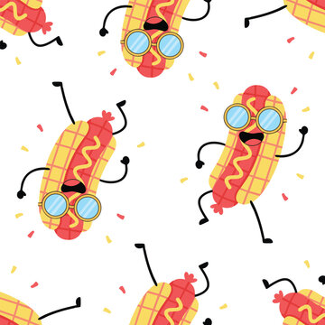 A playful pattern of cartoon hot dogs with sunglasses and confetti on a white background