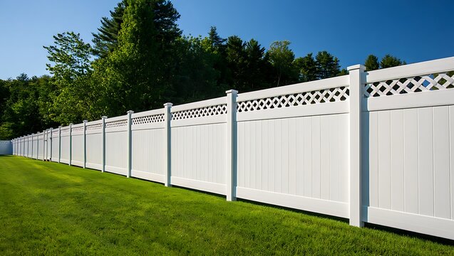 White vinyl privacy fence with lattice top in modern backyard, surrounded by green trees and blue sky, showcasing secure residential landscaping and suburban exterior design.