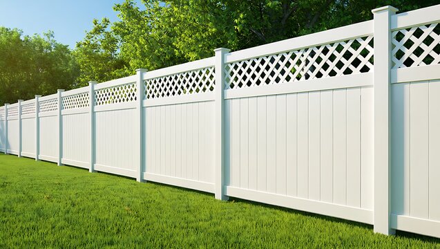 White vinyl privacy fence with lattice top in modern backyard, surrounded by green trees and blue sky, showcasing secure residential landscaping and suburban exterior design.