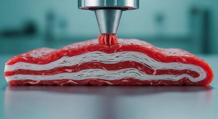 3D printed meat layers being formed by a nozzle, showcasing futuristic food technology.