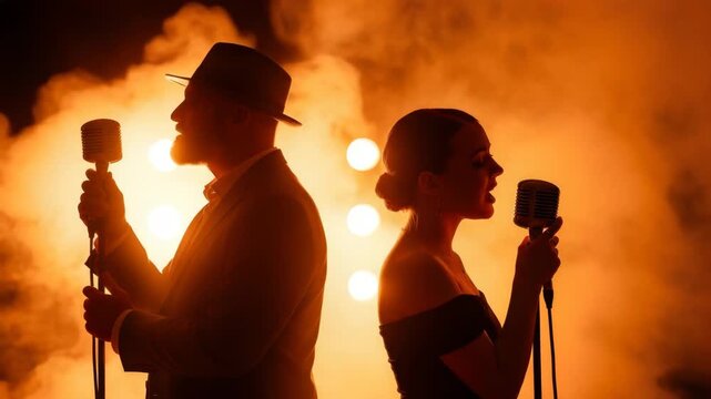 Vocal Duet in Dim Atmosphere: Two artists, bathed in the amber glow of the stage lights, pour their hearts into a duet, microphones amplifying their voices into the dim atmosphere.