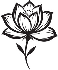 Elegant Lotus Flower with Stem and Leaves, Black and White