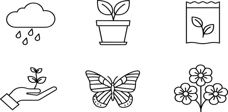 Set of gardening line icons featuring rain cloud, potted plant, seed packet, seedling in hand, butterfly, and blooming spring flowers.