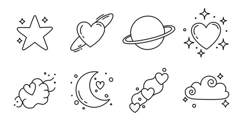 Cosmic love symbols icon set black outline vector doodle art illustration graphic © Nipun Mitra123