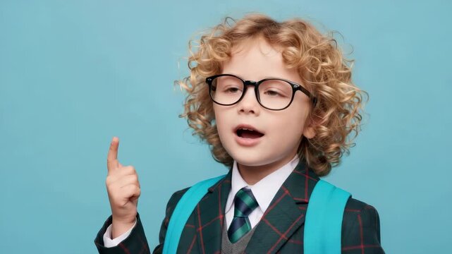 Young scholar with a thought: A young, bespectacled student, clad in a school uniform, points a finger upward with a look of pure insight, indicating an excellent concept or discovery.
