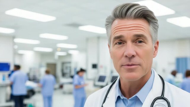 Confident Doctor in a Hospital Setting: A distinguished medical professional stands with assured poise against a backdrop of a bustling hospital environment, radiating competence and care.