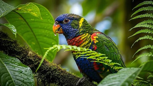 Colorful Parrot Perched on a Branch in Lush Green Foliage.