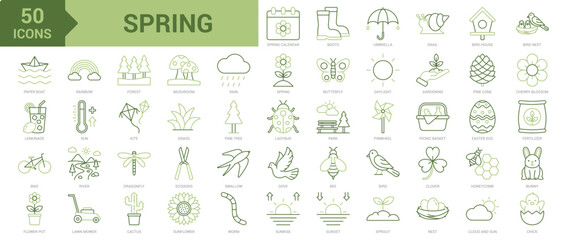 Fototapeta premium Spring colored line icon collection set. Containing spring calendar, sprout, butterfly, snail, bird house, birds, blossom, mushroom, rain, gardening, grass, flower, rainbow, forest, sunrise icons