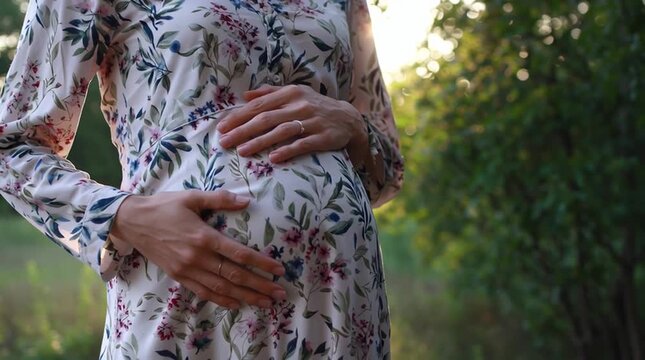 werdende mutter streichelt babybauch outdoor