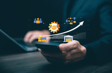 Digital business growth and operations workflow concept showing process optimization, supply chain...